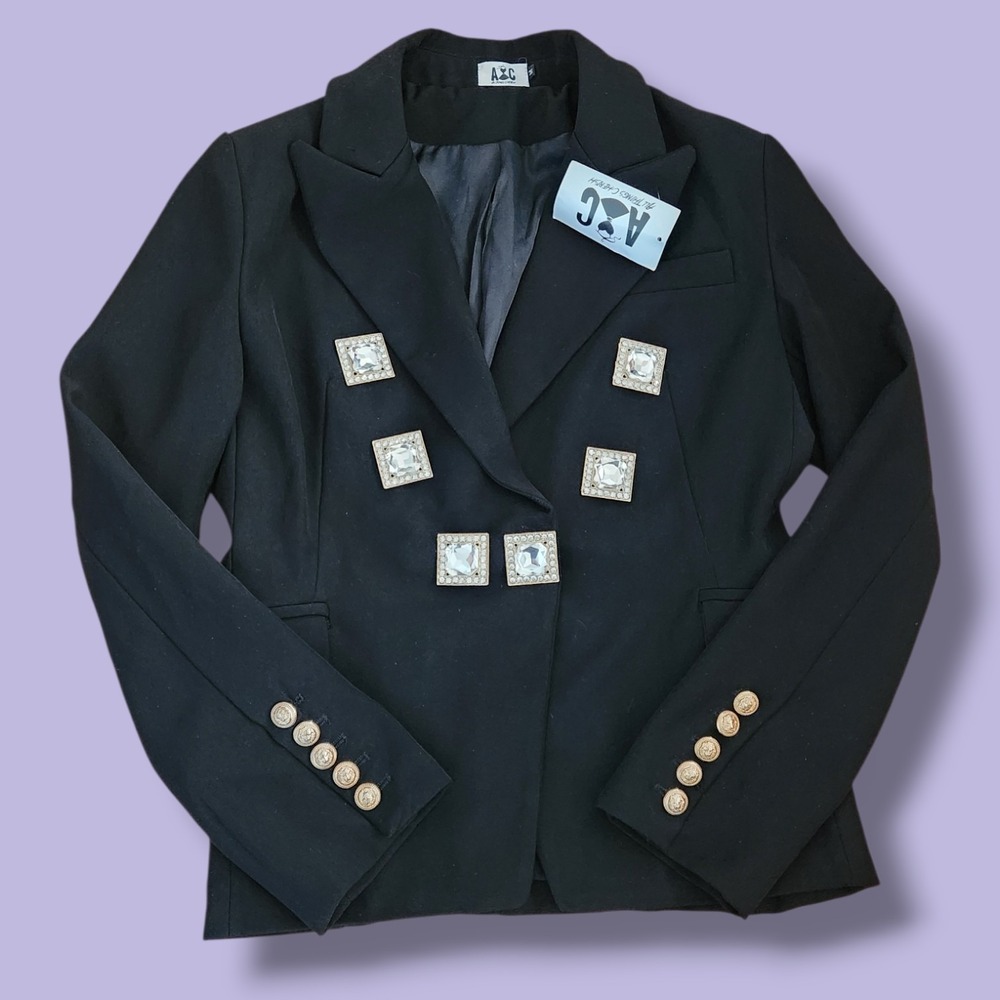 All Things Cherish Black Blazer Jacket w/ Crystal Rhinestone Buttons Medium